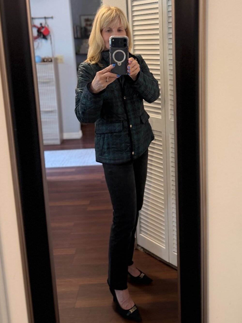 TALBOTS Tartan Plaid Buffalo Check Quilted Jacket Coat, Navy Blue & Green, XS